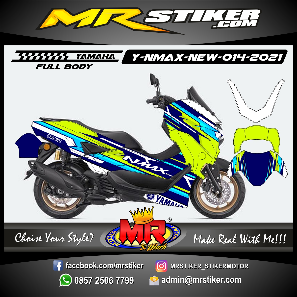 Nmax 2020 Navy Blue. Stiker motor decal Yamaha NMAX New Navy Blue Body Color White Green Stabillo Line Graphic FullBody - stiker motor premium